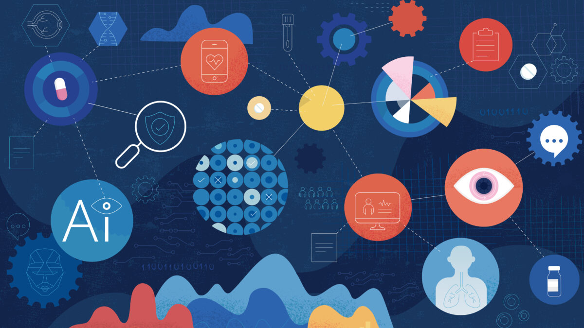 Abstract tech infographic: interconnected icons and diagrams representing data, AI, health tech, and analytics on a dark blue background.