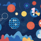 Abstract tech infographic: interconnected icons and diagrams representing data, AI, health tech, and analytics on a dark blue background.