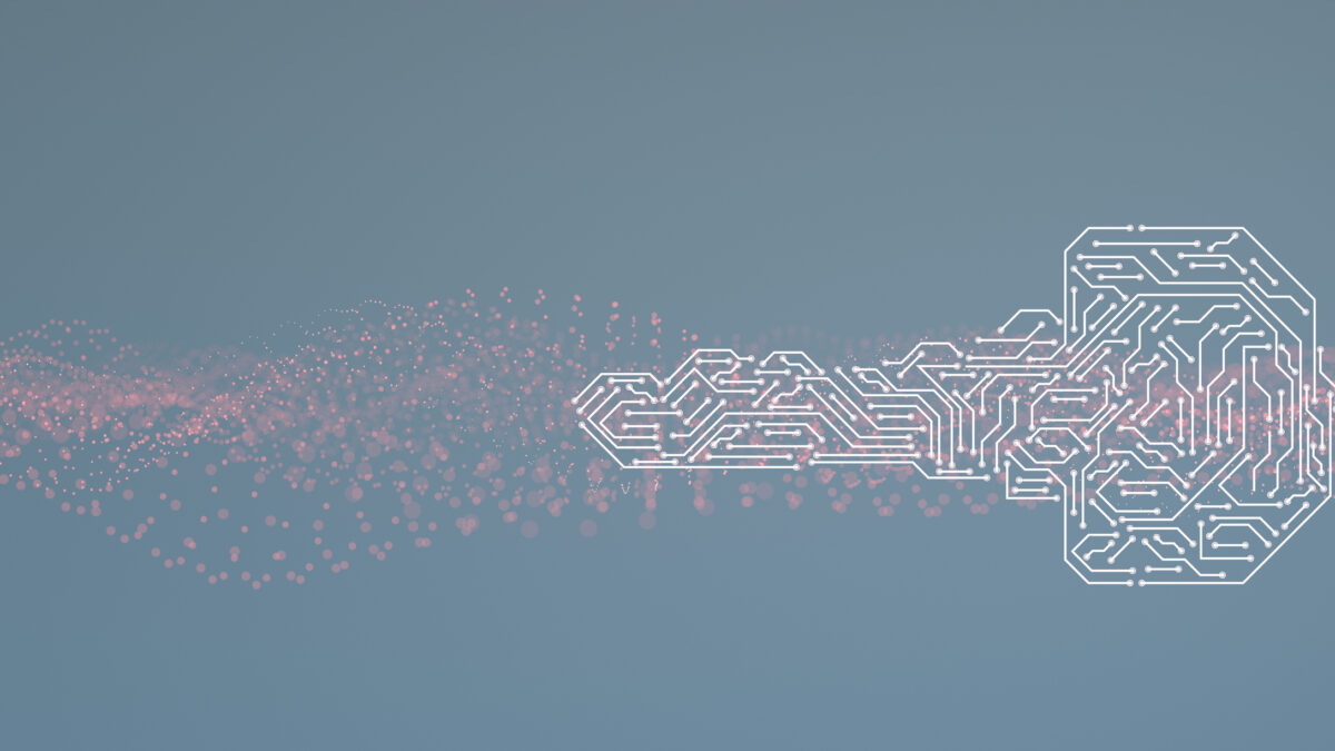 Abstract blue gradient background with a pink particle cloud forming into a white circuit-like cloud on the right, representing digital technology.